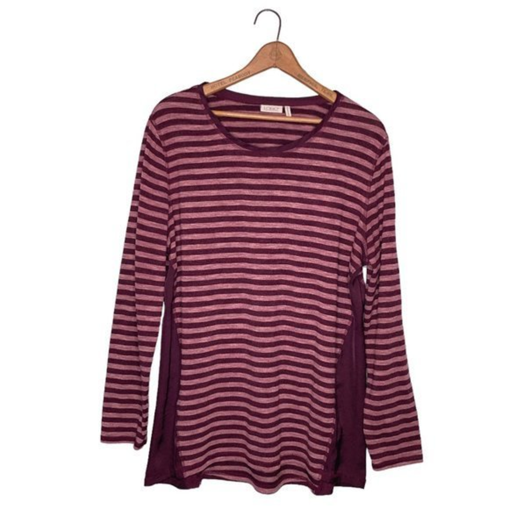 LOGO Lori Goldstein M Burgundy Striped Mixed Media Satin Trim Knit Tunic Top QVC